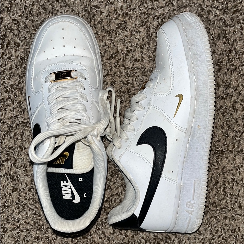 Nike White, Black, and Gold Air Force 1s Size 6 GS